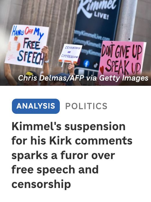 "Kimmel's suspension for Kirk comments sparks furor over free speech and censorship"