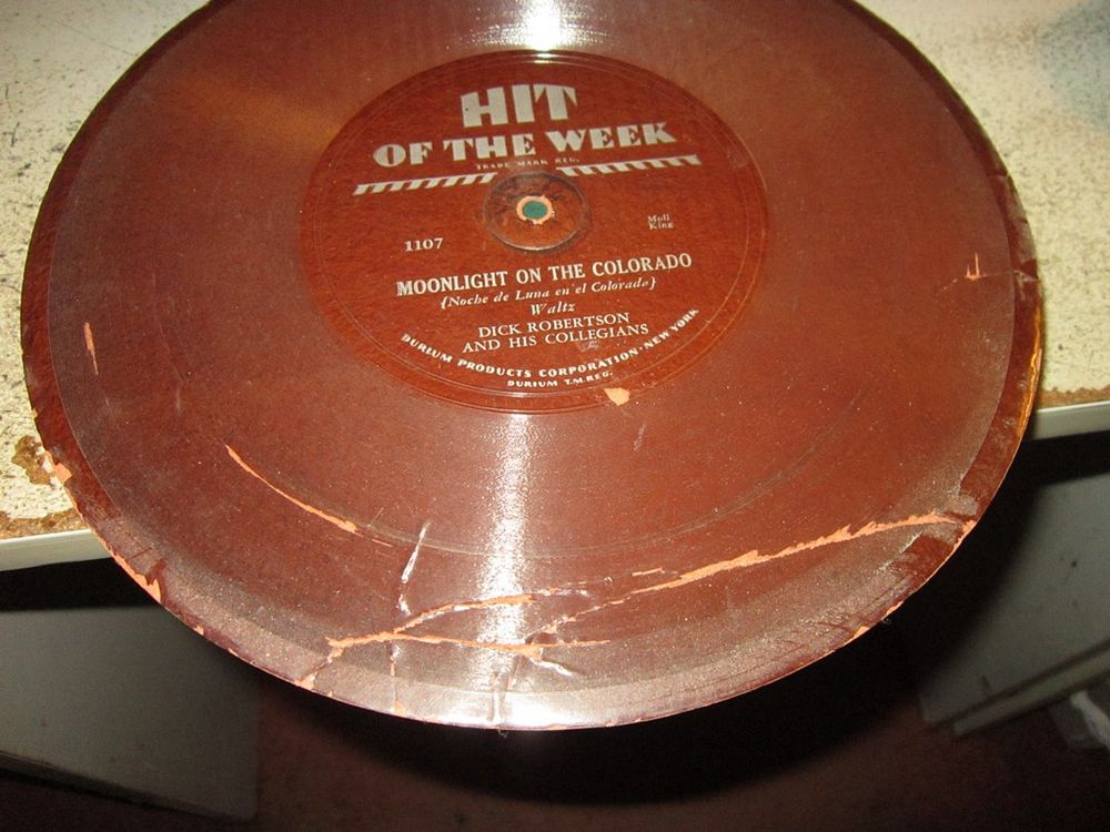 Image of a damaged 1930s flexi-disk, Moonlight on the Colorado.
