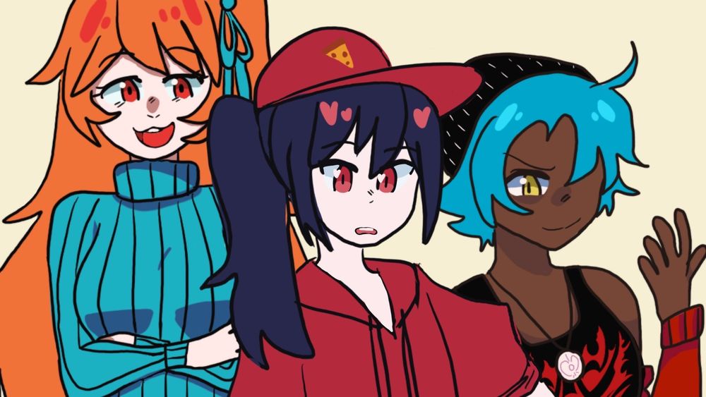 three girls! one with orange hair and a sweater. one with a pizza cap and a ponytail. and one with blue hair, a beanie, and a ffxiv tank top.