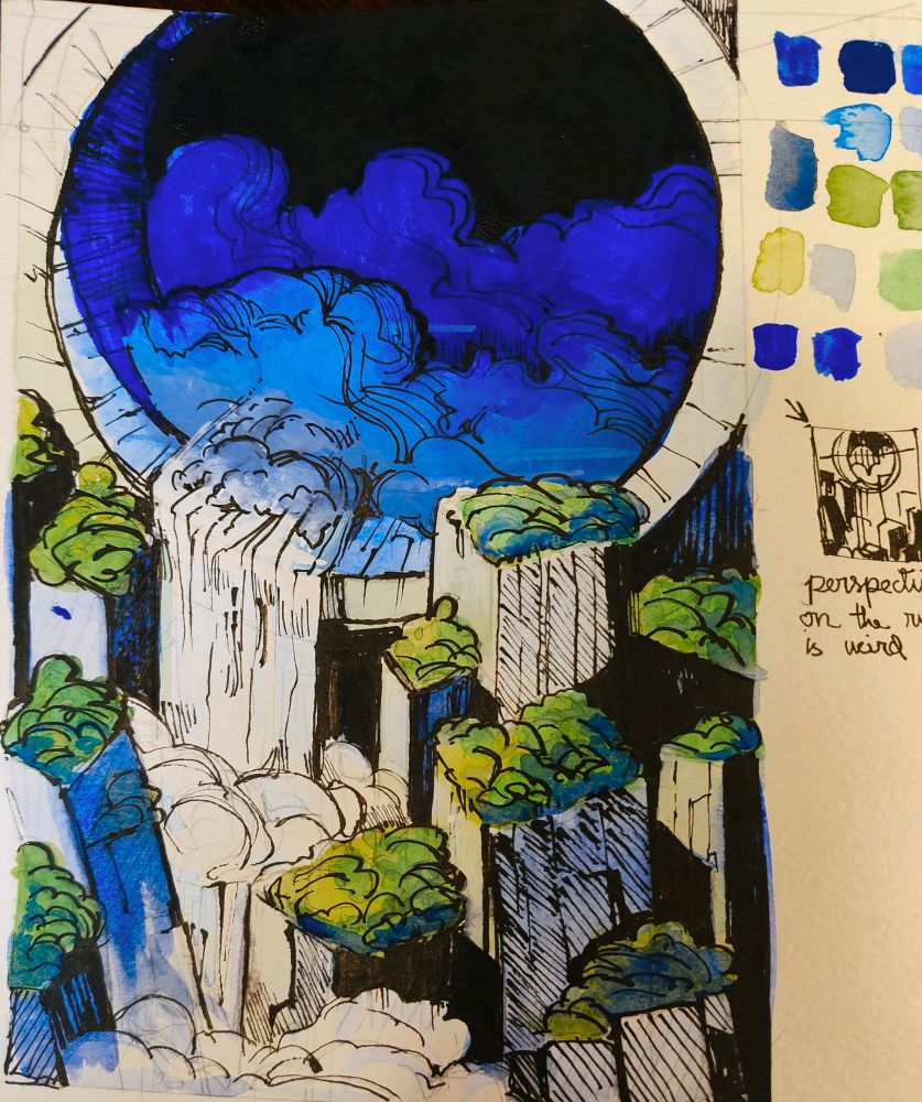 gouache painting of a monumental circular cavern, out of which pours a waterfall onto a field of geometric spires covered in greenery.