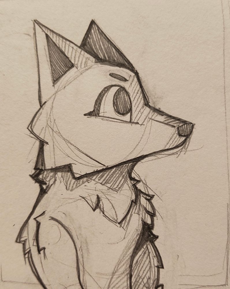 pencil sketch of the fox character from the waist up in side profile

