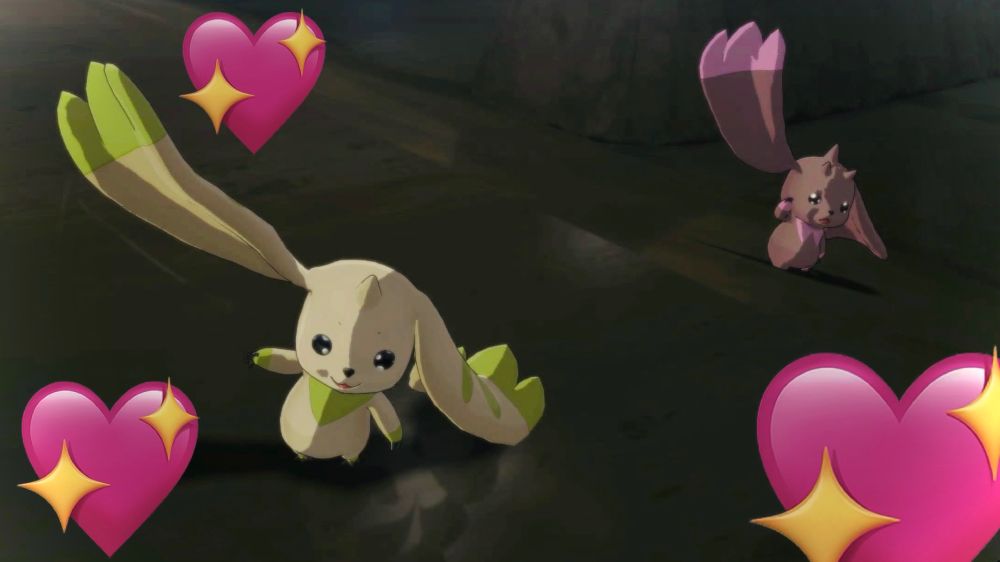 screenshot of terriermon and lopmon waving their ears at the camera with pink sparkly heart emoji stickers

game: digimon time stranger