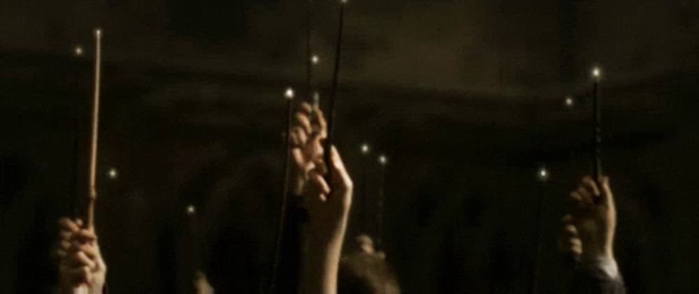 a crowd of people holding up their wands in the dark