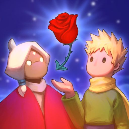 A white-haired child in red stands with The Little Prince (spikey blonde hair, yellow scarf and an olive green shirt) admiring a red rose.