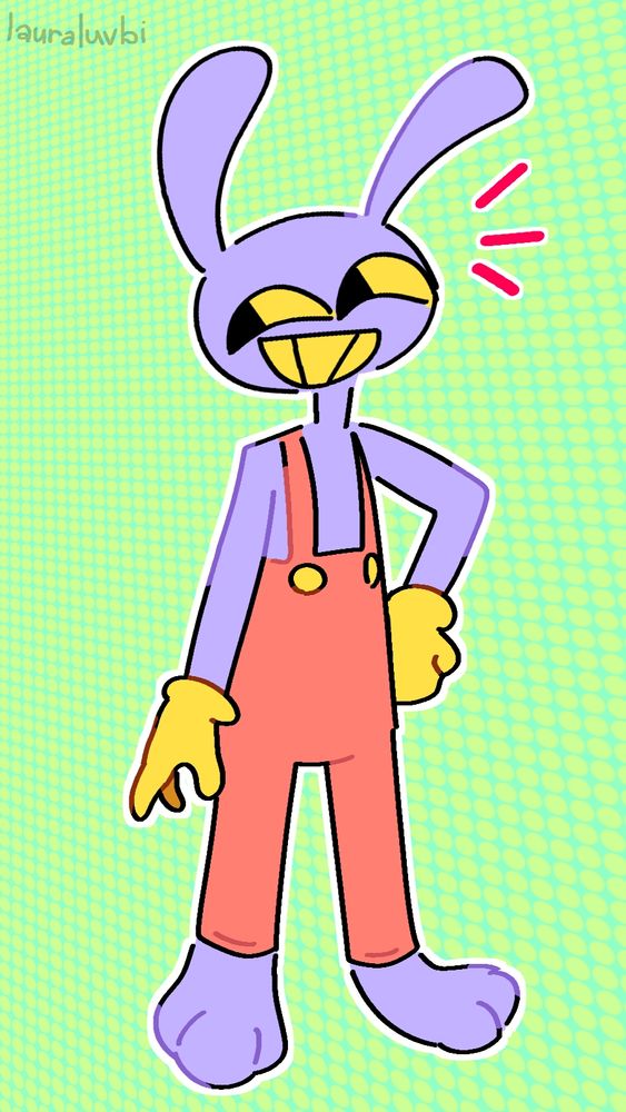 An illustration of Jax from The Amazing Digital Circus smiling at the viewer in a cyan green background.