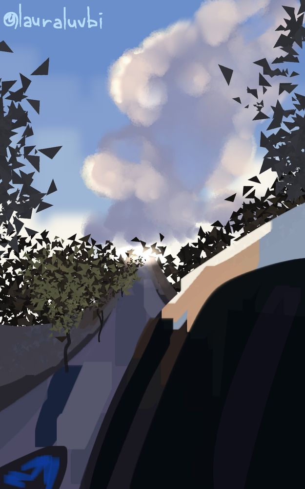 A car driving far away into a road, with a bright light at the end.