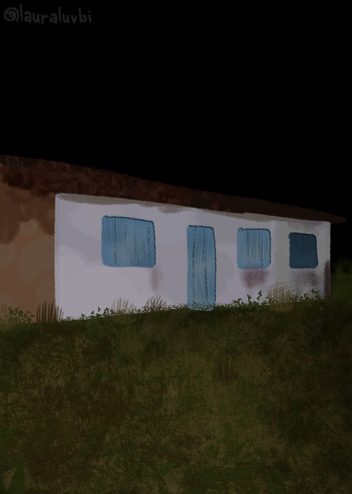 A dimly lit render of a house at night.