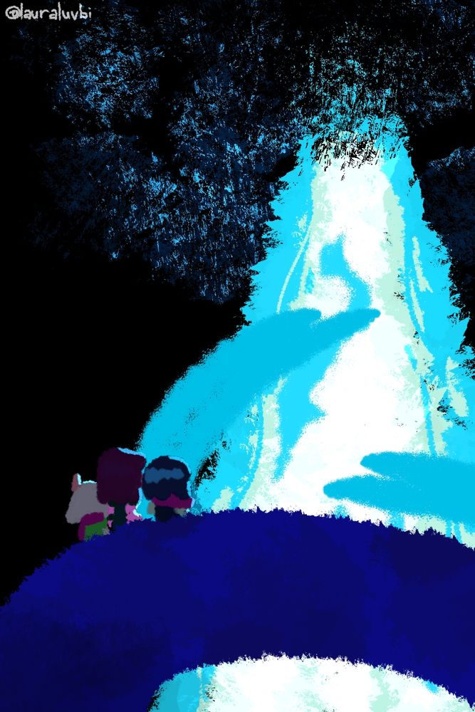 Ralsei, Susie and Kris looking up at a fountain.