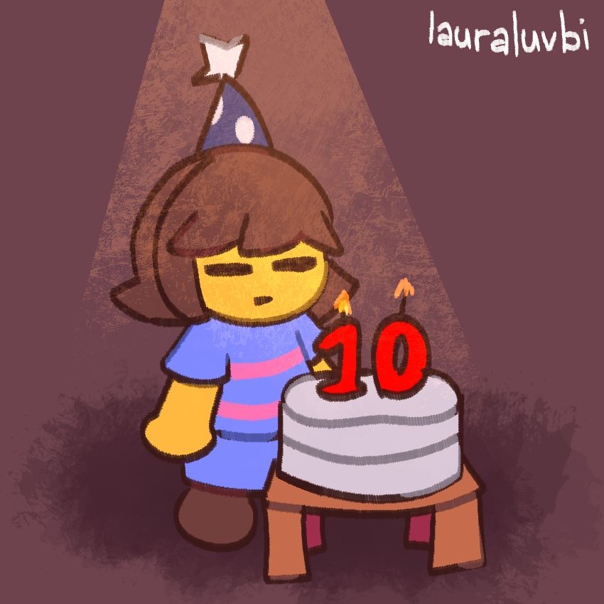 An illustration of Frisk with a party hat, standing in a spotlight, next to a cake with the number 10 on top of it with candles. Celebrating UNDERTALE's 10th year anniversary!