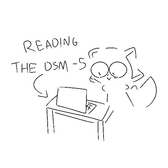 My character, looking concerned, reading something on their laptop, with a caption pointing to it that says "READING THE DSM-5".