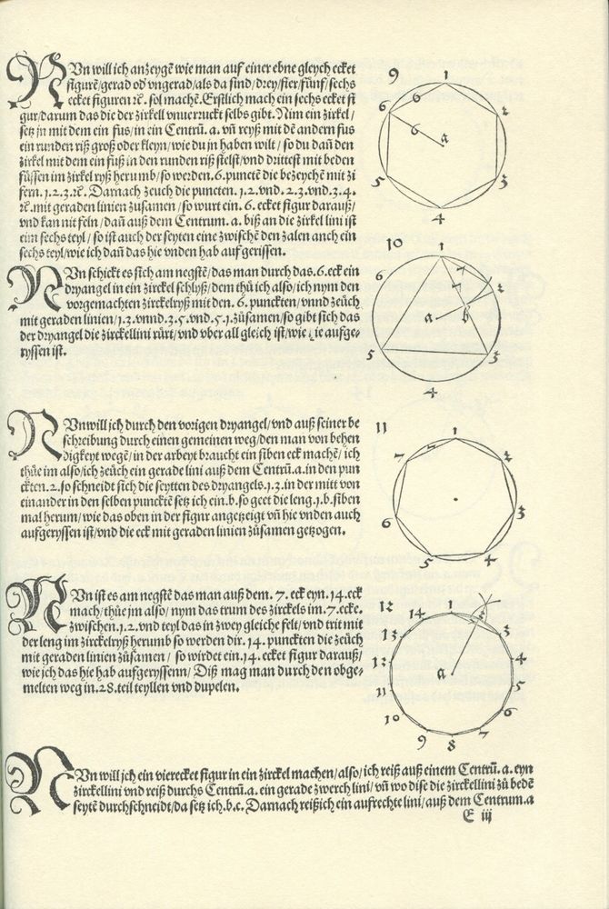 A page from Dürer's maths book showing the construction of polygons in a circle