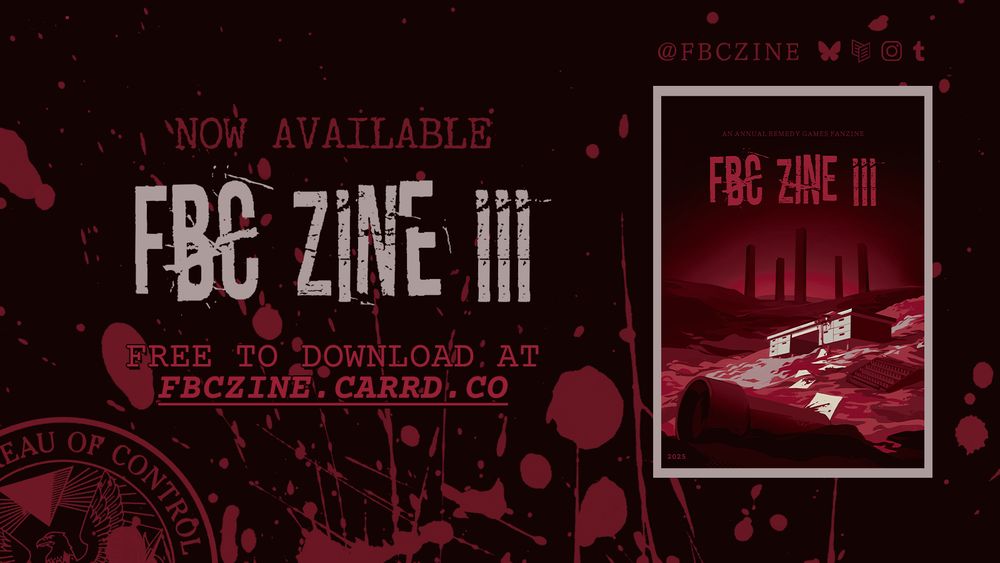 FBC Zine Volume 3 banner announcing the free, digital PDF is now available at fbczine.carrd.co - Banner features the FBC Zine cover image on a red, bloody background.