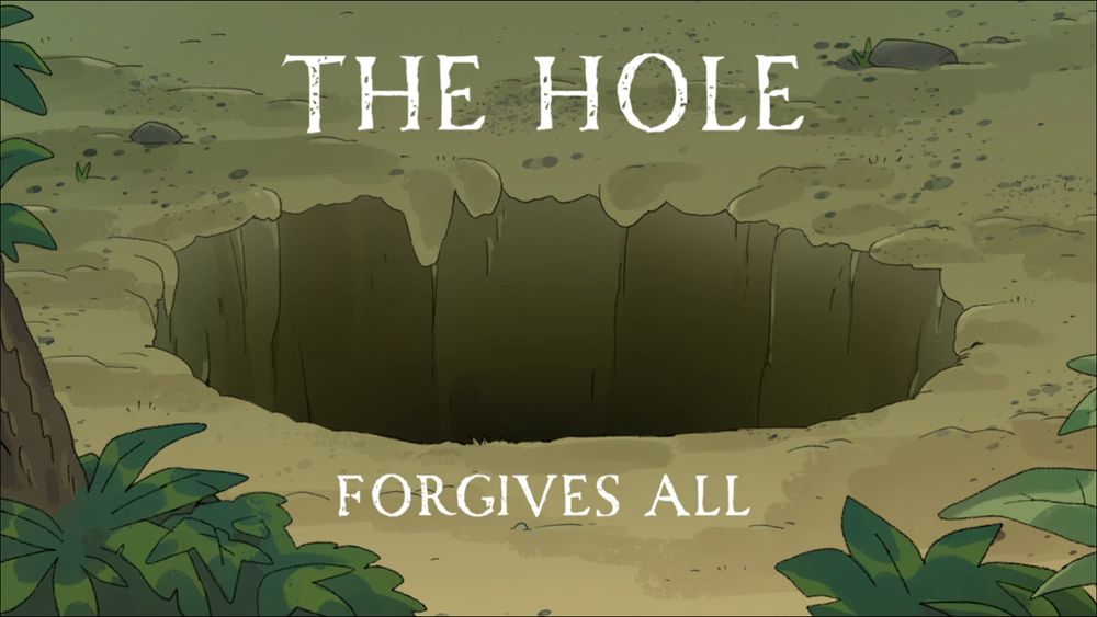 An illustrated background image of a hole of uncertain depth with white text reading: The Hole Forgives All