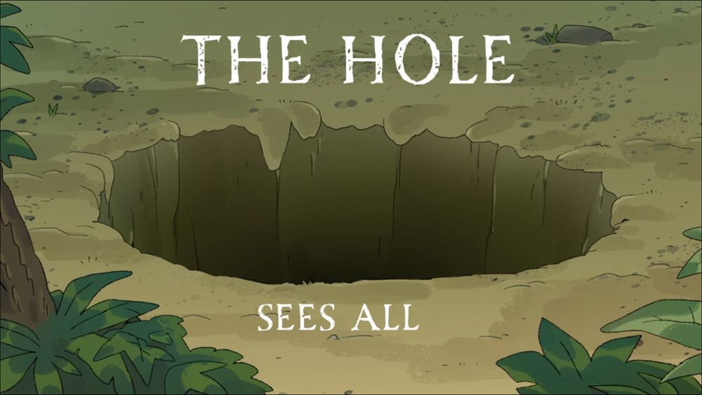 An illustrated background image of a hole of uncertain depth with white text reading: The Hole Sees All