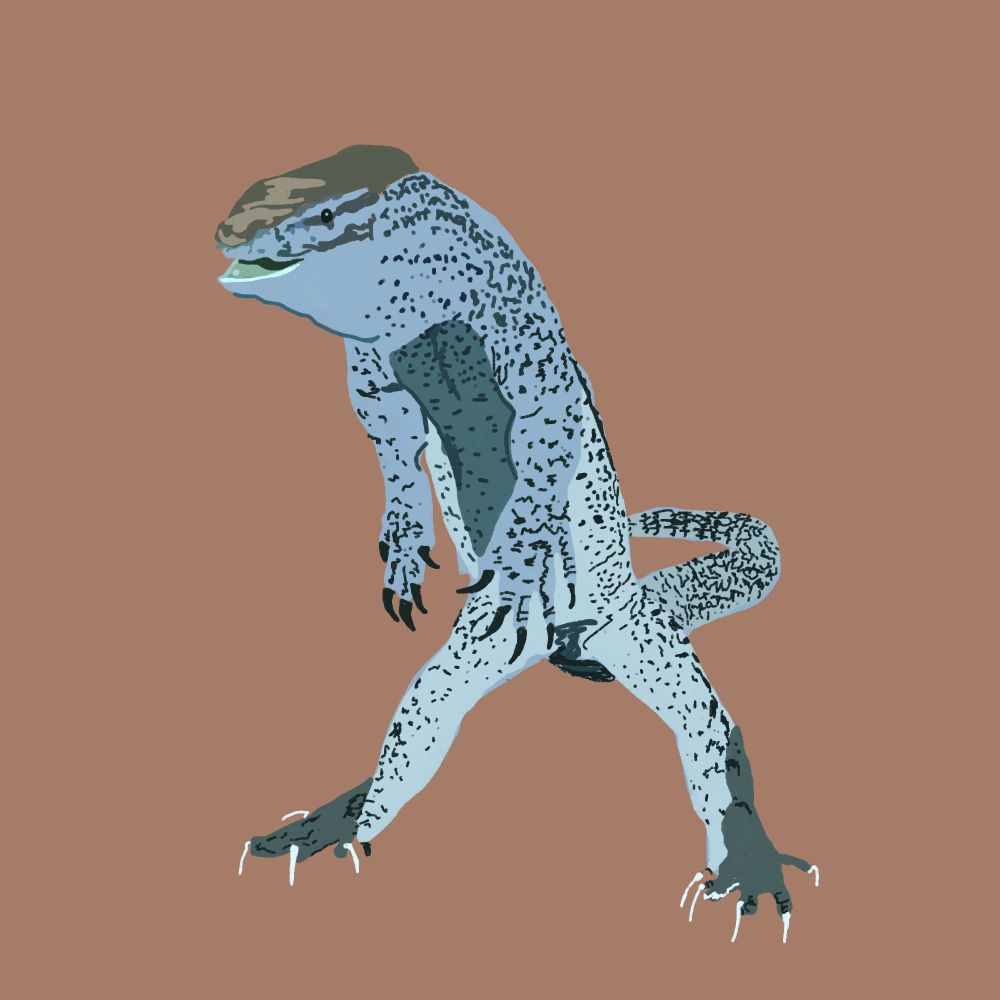 digital illustration of a blue lizard "stanced up", covered in dark spots