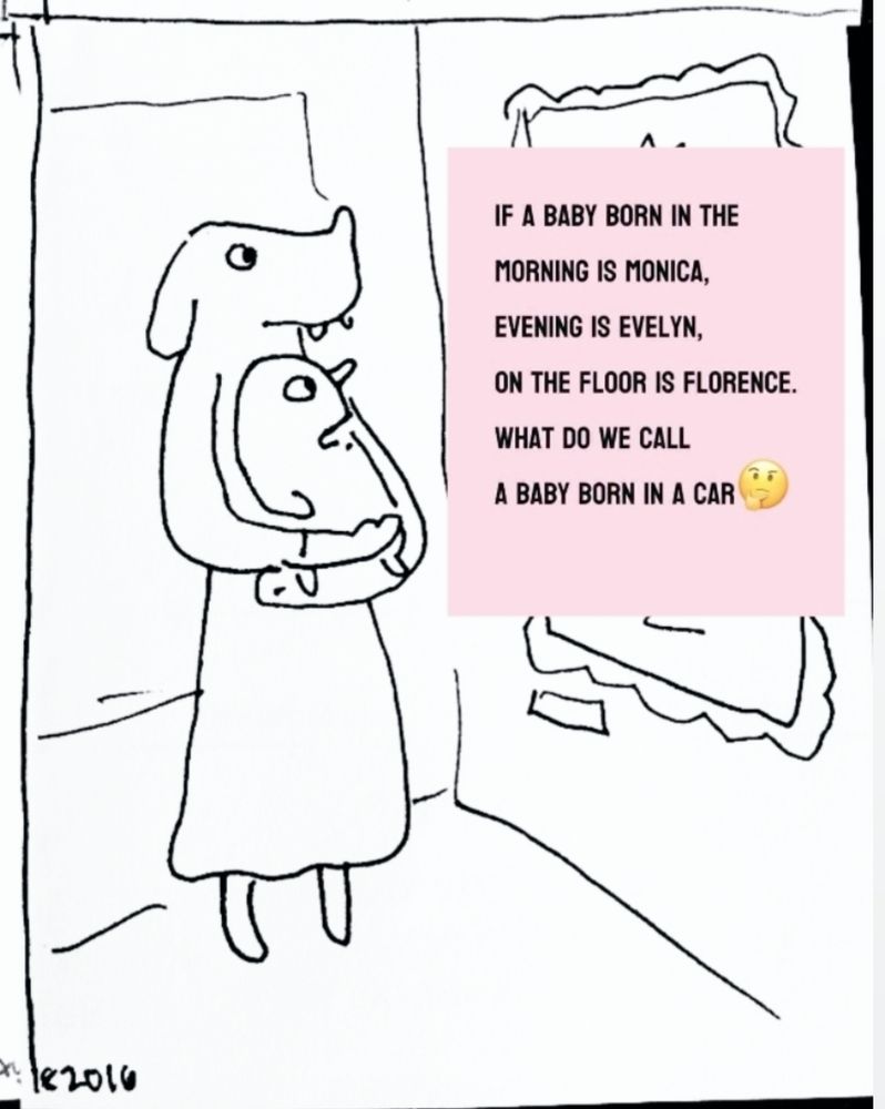 the final panel of the "woman holding a child to get a better look at art" comic, but the art has been replaced with a pink square with black text that reads "if a baby born in the morning is Monica, evening is Evelyn, on the floor is Florence. what do we fall a baby born in a car 🤔" 