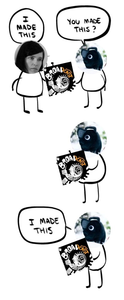 comic: trish keenan from broadcast says "i made this" and hands Broadcast Haha Sound to a fan who responds "you made this?" After a beat of holding the album alone, the fan says "i made this"