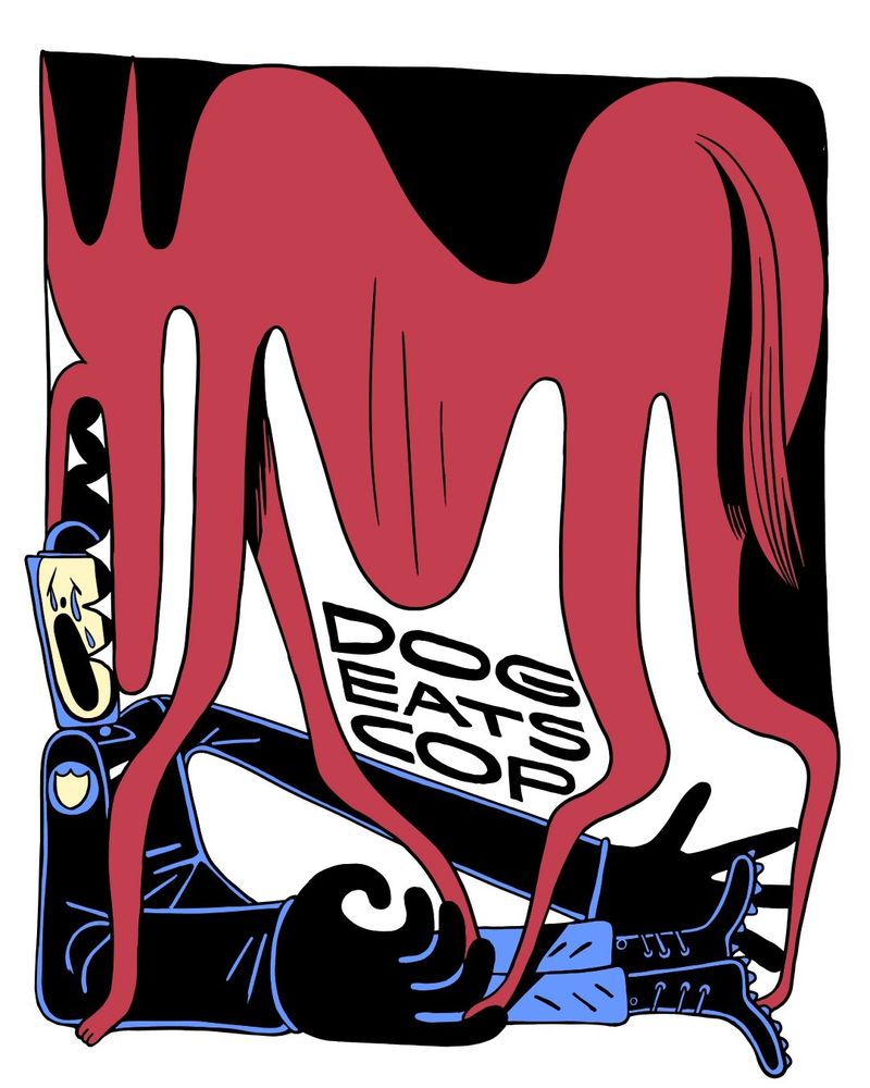 "DOG EATS COP". a giant stylized red dog bites a crying officers face
