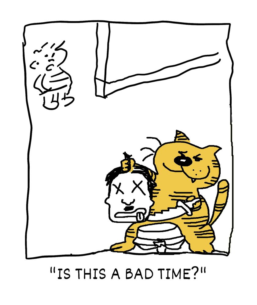original peter gallagher-style heathcliff comic strip i made of heathcliff beheading hitler. a child is watching with his hand in his pocket and saying something. the caption says "IS THIS A BAD TIME?"