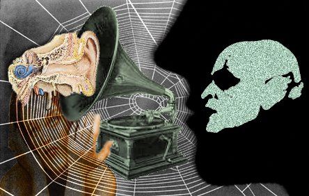 a spider web, and to the right - a black silhouette with a profile of Nosferatu. center to right: a Victrola, an illustration of the inner ear, and a woman listening