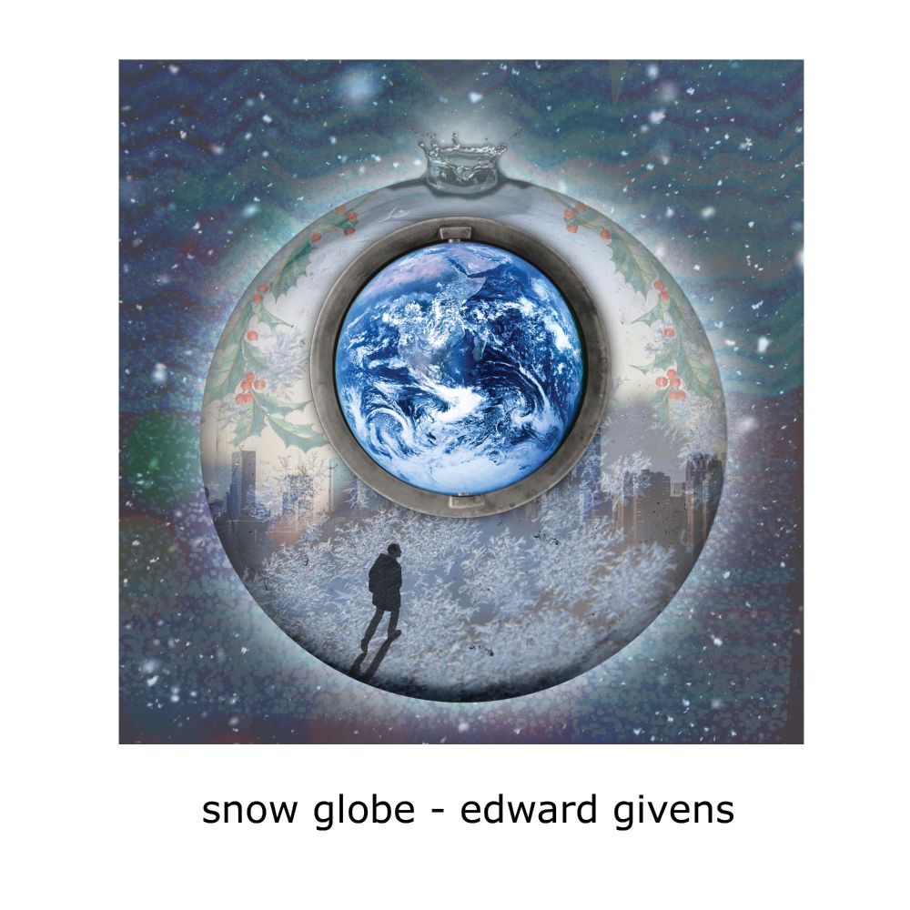 Album cover. A snow globe with a figure walking towards a city scape, and a portal with planet Earth