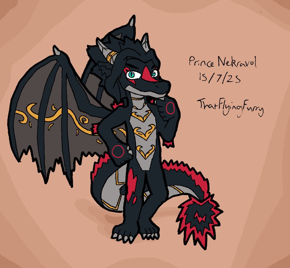 A black and red dragon with golden patterns adorning his wings and chest. He has two silver horns, one with a gold band around it. His tail and joints have fluffy red tufts of fur. He's doing a cool pose, with a hand on his hip and one under his chin, and looking directly at the viewer with turquoise eyes.