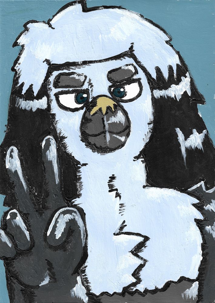 A bust shot of an anthropomorphic Canada jay, with long "hair" down either side of his face, giving a V sign with a relaxed expression. It's an acrylic painting.