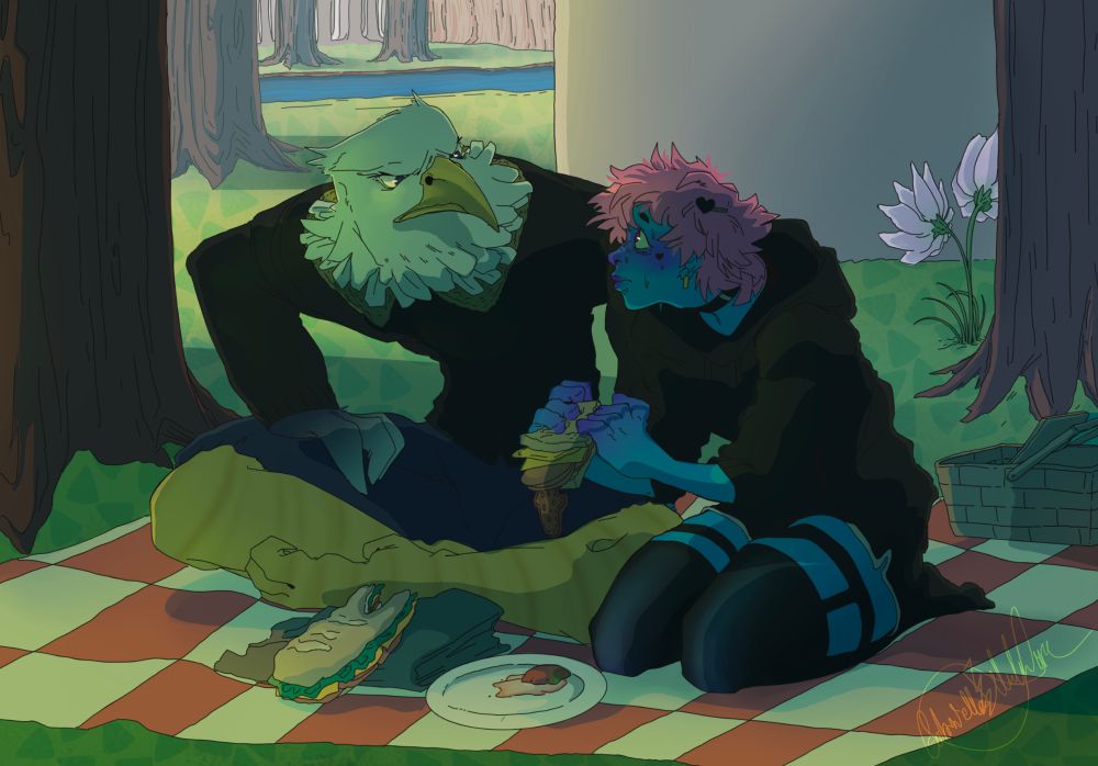 A picnic shared between Apollo, the bald eagle from animal crossing, and a woman with blue skin, pink hair and all black clothes. They are sitting in the shade eating sandwiches while Apollo looks at the woman disapprovingly at the messy way she's eating.