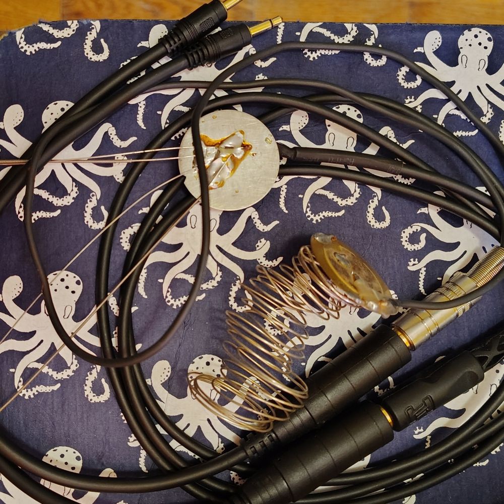 A pair of black coiled audio cables, each with a contact mic attached - one with a handful of short lengths of guitar string attached, one with a spiral of flexible wire soldered to the bottom

They are sitting on top of a blue tabletop with a pattern of white octopi on it