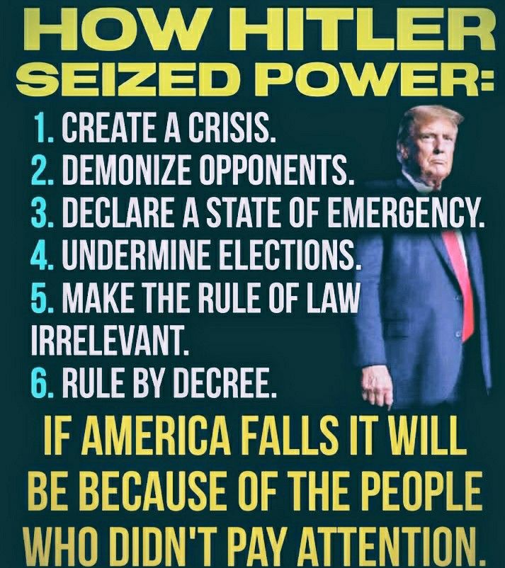 Slide depicting a picture of trump, and listing ways in entitled: HOW HITLER TOOK POWER: 1. CREATED A CRISIS 2. DEMONIZE OPPONENTS 3. DECLARE A STATE OF EMERGENCY 4. UNDERMINE ELECTIONS 5. MAKE THE RULE OF LAW IRRELEVANT 6. RULE BY DECREE IF AMERICA FALLS IT WILL BE BECAUSE OF THE PEOPLE WHO DIDN'T PAY ATTENTION End.