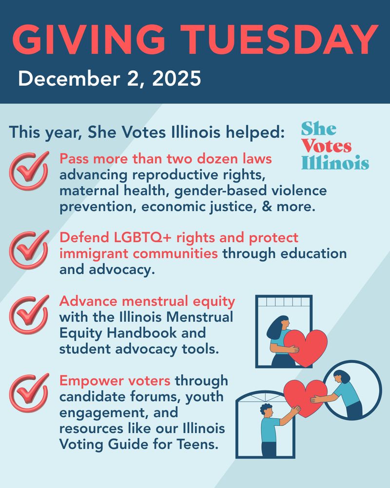 A Giving Tuesday graphic dated December 2, 2025. The header reads “This year, She Votes Illinois helped:” followed by four check-marked accomplishments in red and blue text: passing more than two dozen laws on reproductive rights, maternal health, gender-based violence prevention, economic justice, & more; defending LGBTQ+ rights and protecting immigrant communities; advancing menstrual equity with the Illinois Menstrual Equity Handbook and student tools; and empowering voters through candidate forums, youth engagement, and voting guides. On the right side are illustrations of people holding heart shapes through windows and circles, symbolizing care and community. The She Votes Illinois logo appears near the top right.