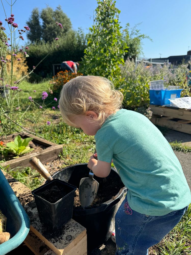 Toddler digging in a tub