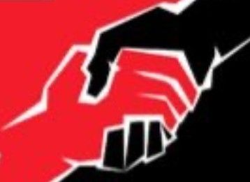 Shows shaking of hands, mutual aid and solidarity.