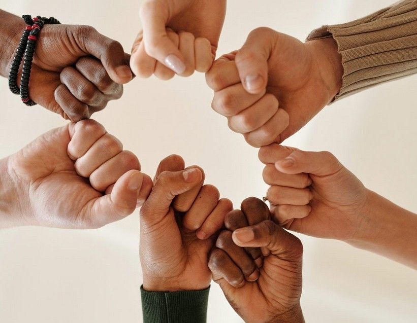 Image shows hands and fists linked in solidarity.