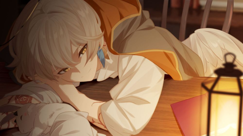 Art of my OC I use for streaming. An angel sitting at the table with his bunny companion. Art done by nanana_2s on twitter.