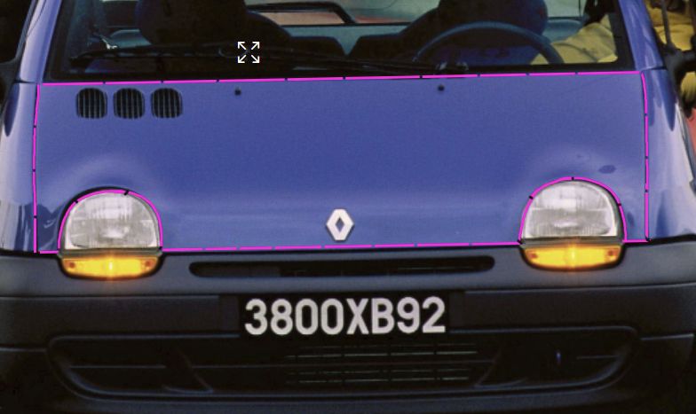 bonnet of the renault twingo 1. a simple rectangle intersecting with the headlight ambers to give the impression of a smiling face. c: