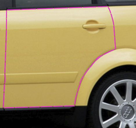 rear door of the audi a2. it curves with the wheelarch and extends to the very bottom, so it looks like it's hewn from one block of metal.