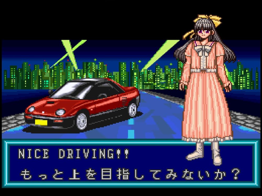 pixel art from kat's run (1995): an anime girl standing beside an autozam az-1