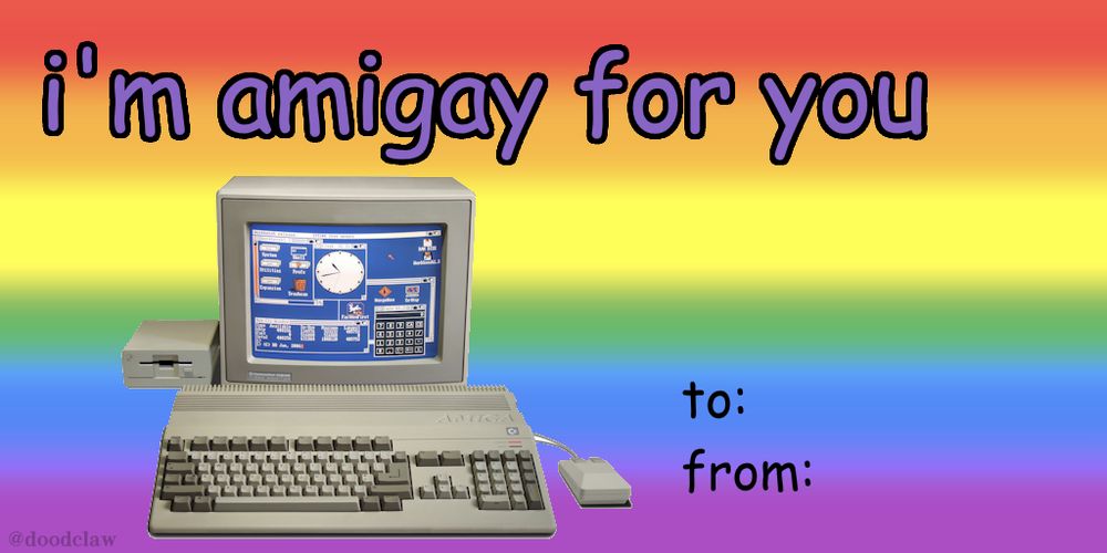 valentine's day card with a commodore amiga which reads "i'm amigay for you"