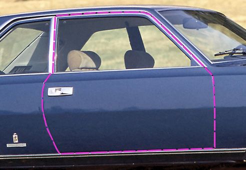 front door of the fiat 130 coupé. the shutline follows the angle of the window glass while still agreeing with the side sculpting.