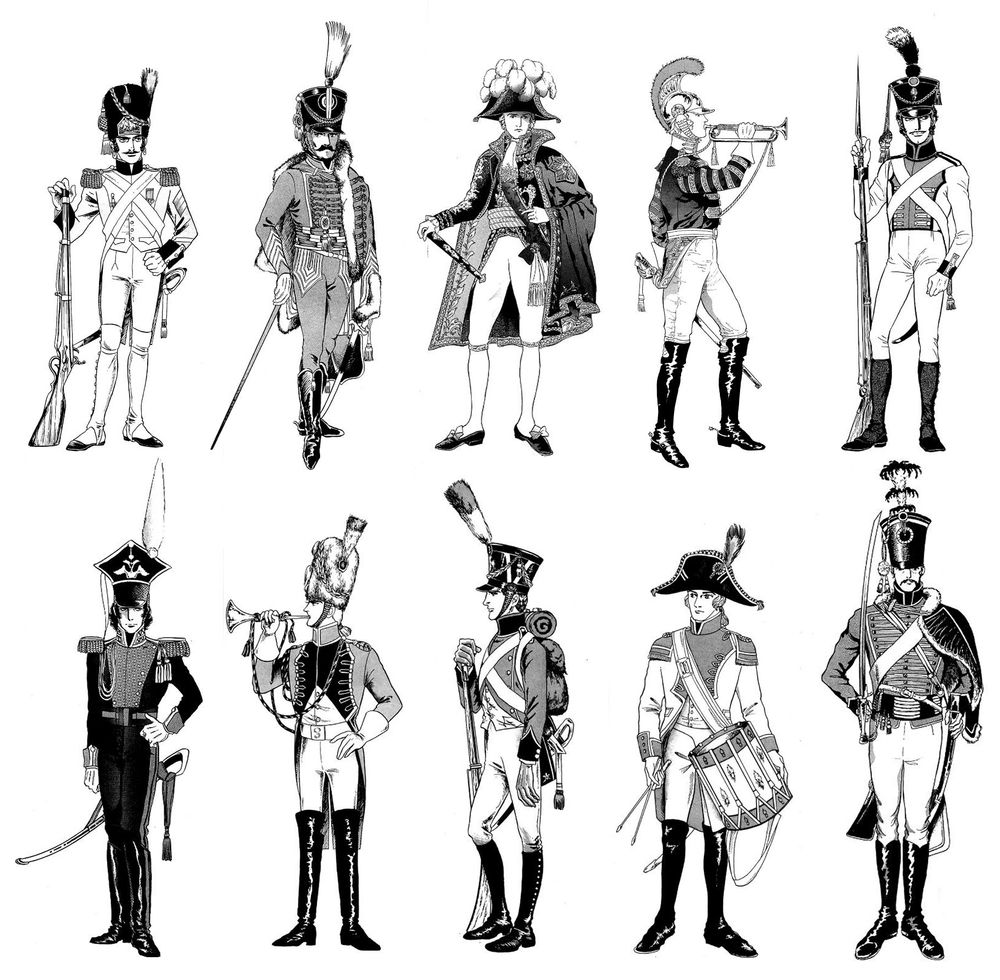 The picture shows ten men in different military uniforms from the Napoleonic era