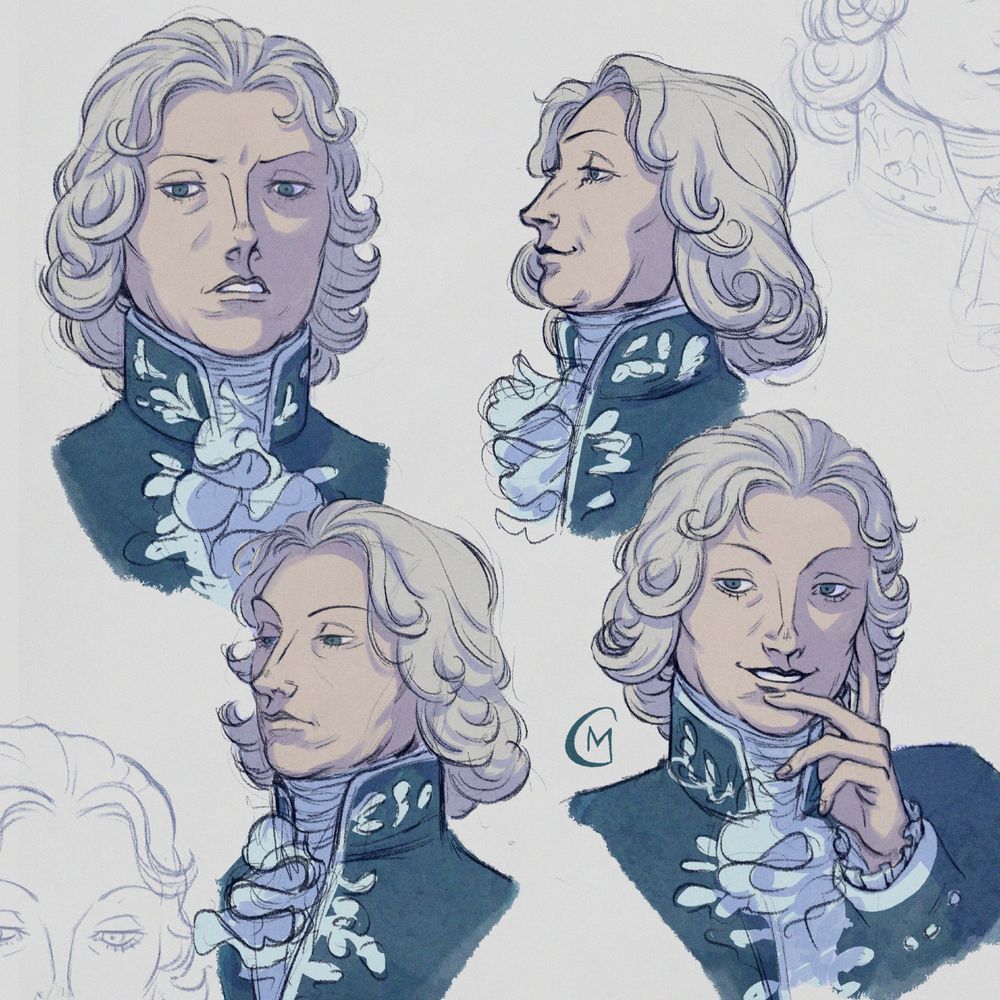 Four stylized portraits of Charles Maurice de Talleyrand during his time as a minister of Napoleon. He's a middle-aged man with well groomed powdered shoulder-lenght hair, wearing a blue court suit with silver floral decoration