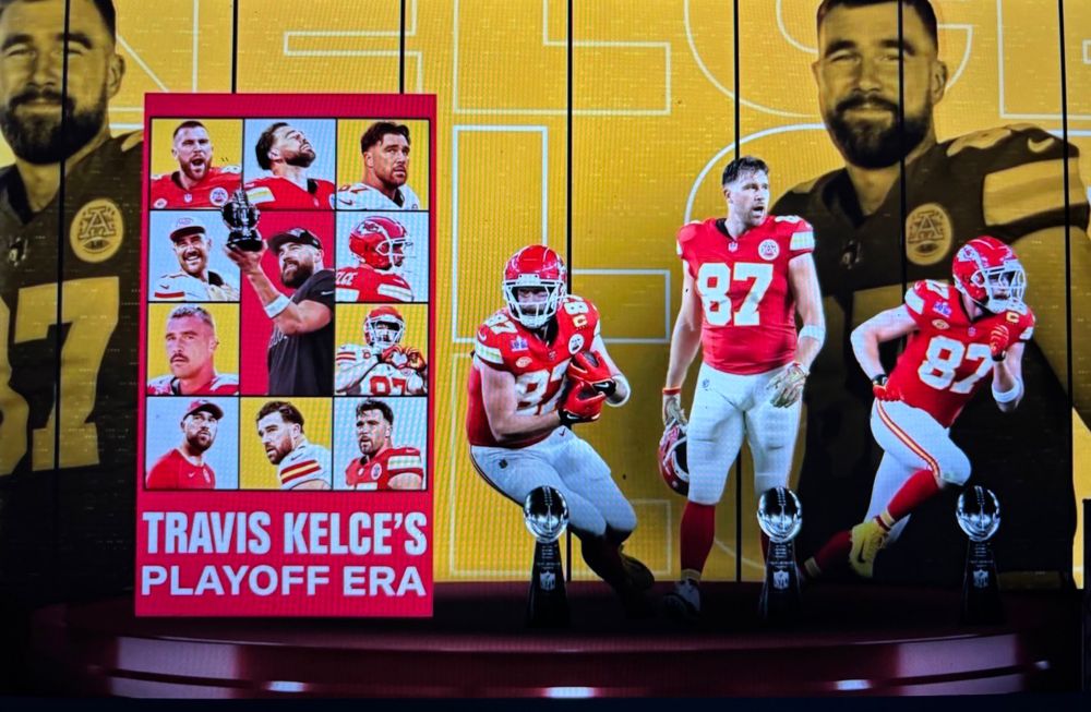 NFL graphic featuring Travis Kelce. There is a poster of him made to look like the eras tour poster.
