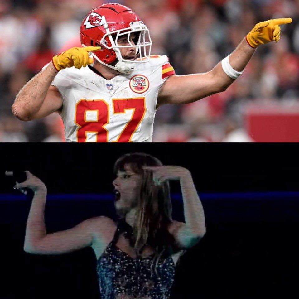 Top photo shows Travis Kelce doing his 1st down pose. Bottom photo shows Taylor Swift doing the same pose on the Eras Tour stage.