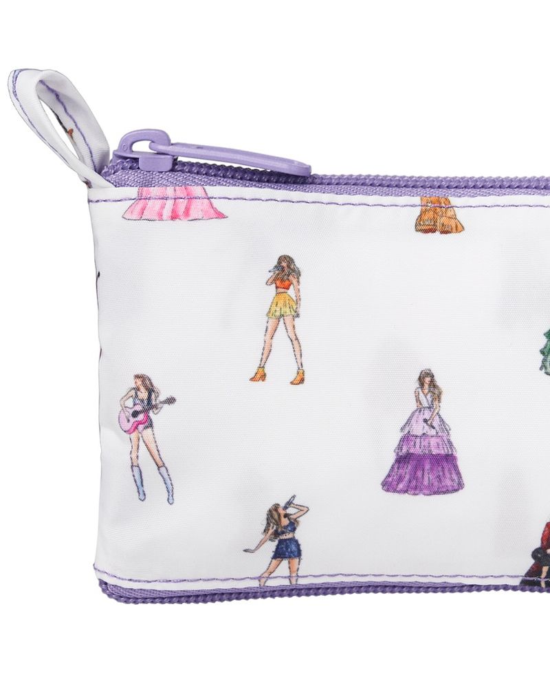 Cropped photo of the zip bag that comes with the new Eras Tour tote. Features illustrations of Taylor in her tour outfits.