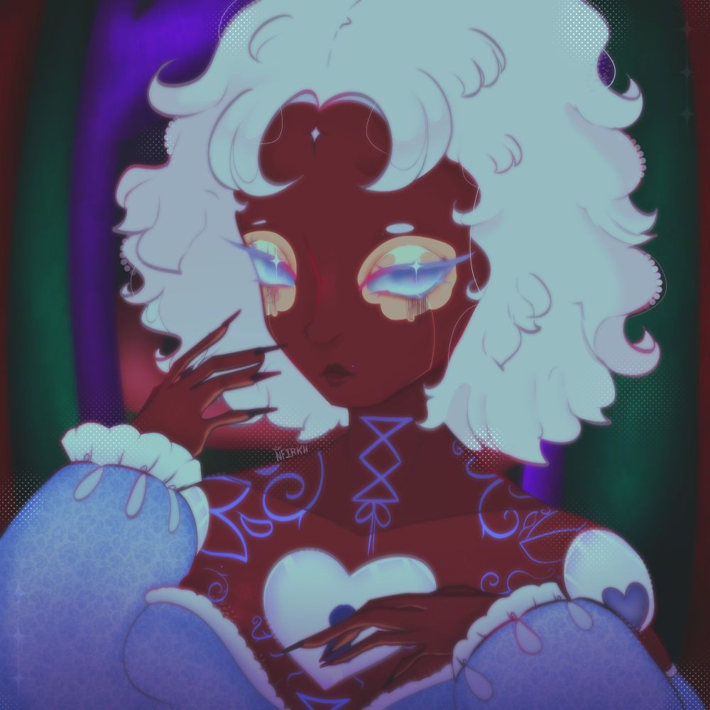 ♡↻ help a lot ~~ A brown skinned AFAB in the center with brown, purple and green trees behind them. There is a dirt road as well behind them. The figure has white hair, blue eyes and has a heart-shaped lock on the chest with matching shoulder ball joints. They are facing 3/4 quarters.