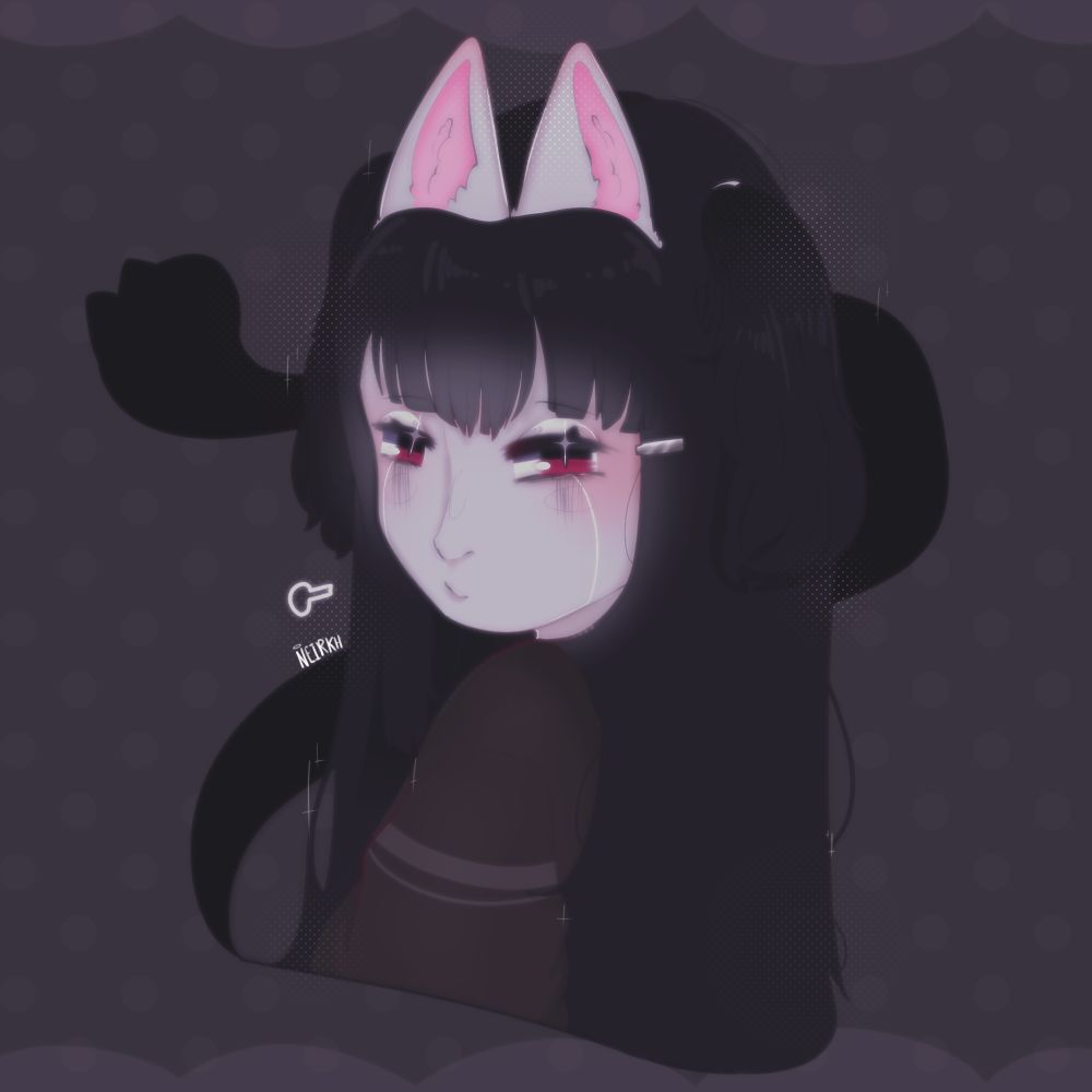 a fully rendered bust-shot of a character named Juice Box. They are looking over their shoulder and looking into the camera. Behind them is a vaguely black cat-like shadow.