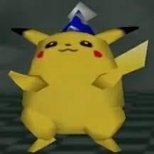 Alt Pikachu skin in super smash bros 64 showing him wearing a blue party hat 