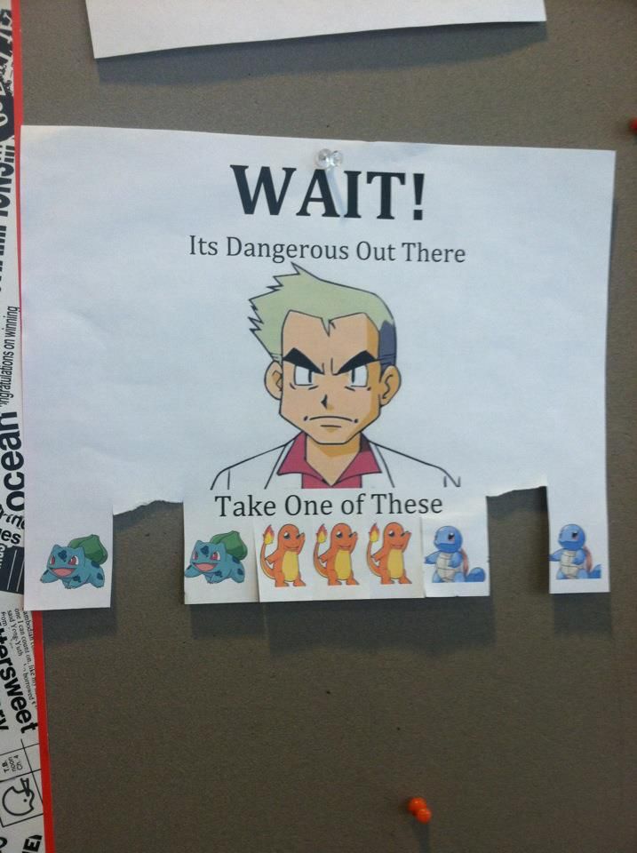 Photo of a paper that shows Professor Oak saying “Wait! It’s dangerous out there! Take one of these.” With pictures of the Kanto starters that can ripped off the paper