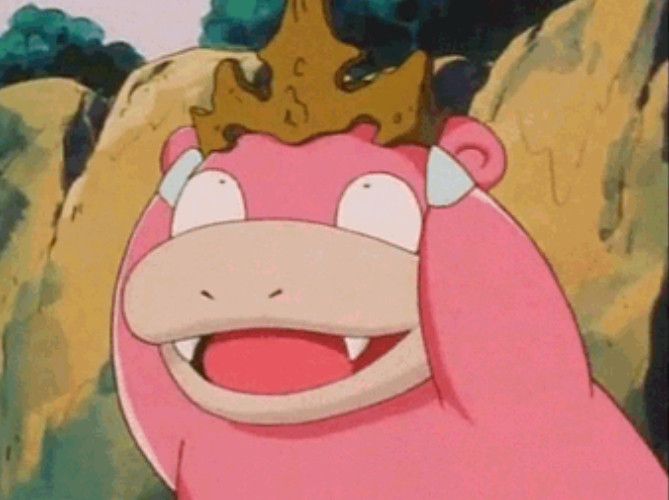 slowpoke takes the kings rock and places it on top of his head 